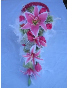 Bouquet de Mariée Cascade thème Fuchsia et Vert Anis - mariage