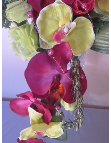 Bouquet de Mariée Cascade thème Fuchsia Vert Anis avec Orchidées