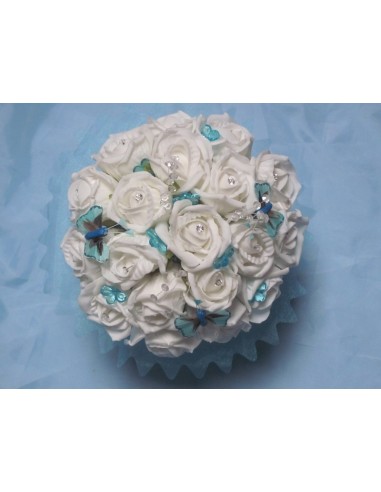 Bouquet de mariée turquoise avec roses, perles, papillons et diamants