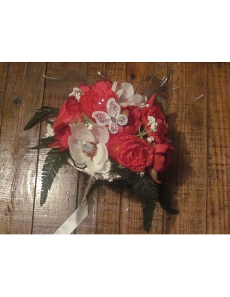 Promo! Bouquet de Mariée Rond avec pivoines et renoncules rouge