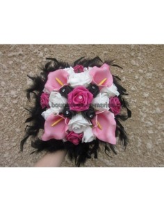 Bouquet mariage Rond thème noir et fuchsia avec Roses et Arums