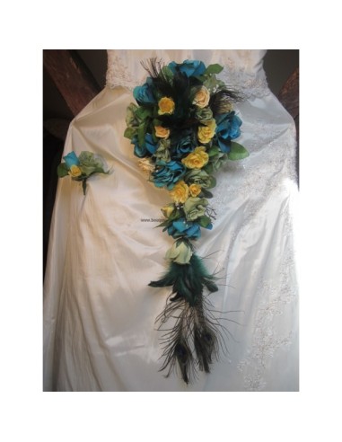 Elegant Bouquet de Mariee Cascade de thème Plumes de Paon
