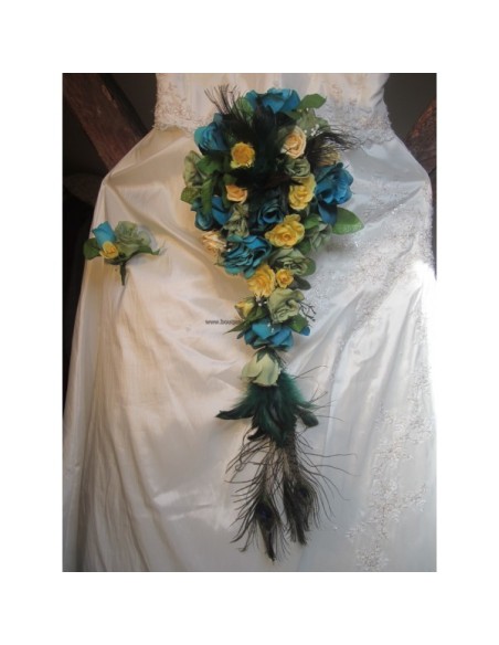 Elegant Bouquet de Mariee Cascade de thème Plumes de Paon