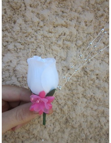 Bouquet de Mariée Tombant Argent Fushia avec roses, perles et tulle