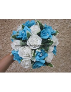 Bouquet de mariée rond thème turquoise, bleu et blanc avec roses