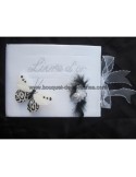 Livre d\'or couleur blanc & noir avec strass, papillon, rose et plumes