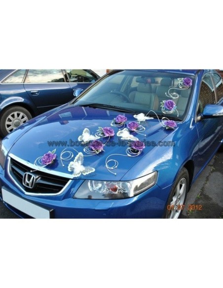 Décoration pour voiture mariage thème papillon, rotin, roses, perles
