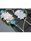 Décoration voiture mariage "Cœurs" bleu turquoise, blanc et argent
