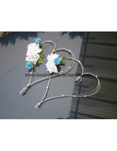 Décoration voiture mariage "Cœurs" bleu turquoise, blanc et argent