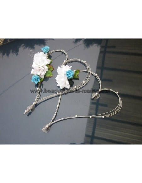Décoration voiture mariage "Cœurs" bleu turquoise, blanc et argent Décoration voiture mariage "Cœurs" bleu turquoise, blanc et argent