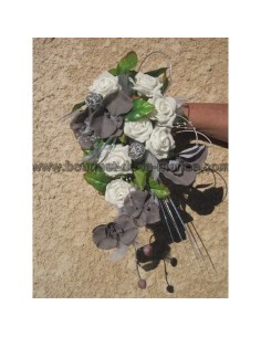 Bouquet de mariage cascade thème orchidée gris argent et roses