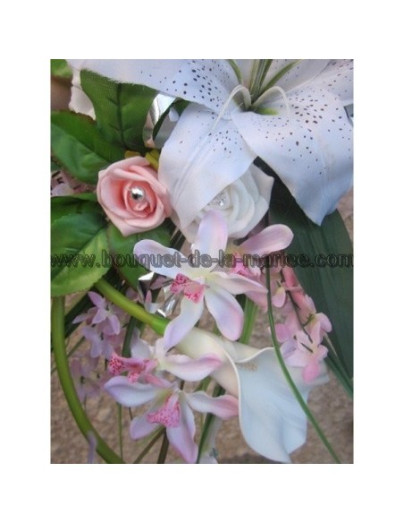 Bouquet mariage Tombant rose clair argent avec Lys et Roses