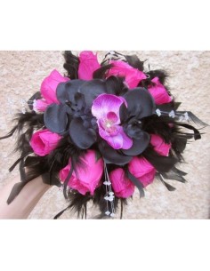 Bouquet mariage Cascade "New York" noir et fuchsia avec orchidées