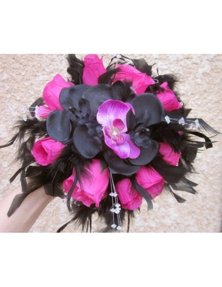 Bouquet mariage Cascade "New York" noir et fuchsia avec orchidées