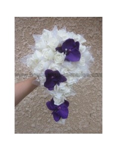 Bouquet pour mariage Cascade "Elegance" avec orchidée prune, roses