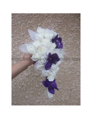 Bouquet pour mariage Cascade "Elegance" avec orchidée prune, roses