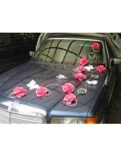 Décoration de voiture pour mariage avec papillon et roses fuchsia