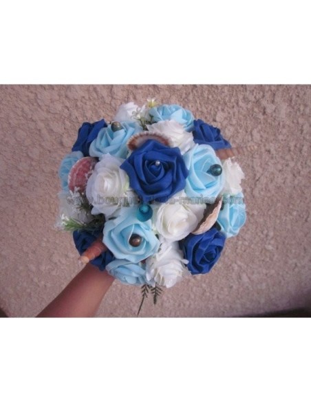 Beau Bouquet de la mariée thème "bleu" mer avec roses, coquillages
