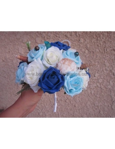 Beau Bouquet de la mariée thème "bleu" mer avec roses, coquillages