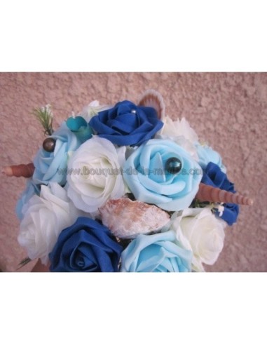 Beau Bouquet de la mariée thème "bleu" mer avec roses, coquillages