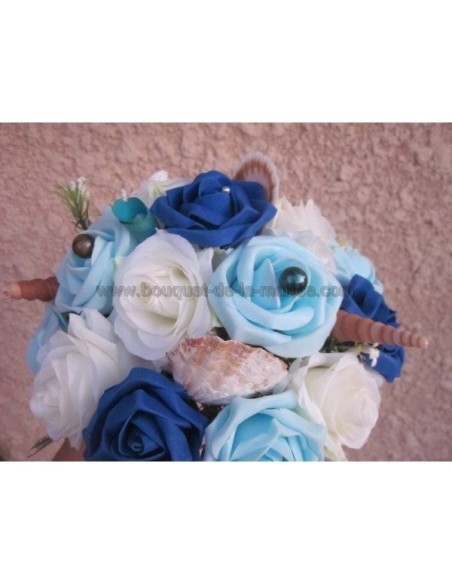 Beau Bouquet de la mariée thème "bleu" mer avec roses, coquillages