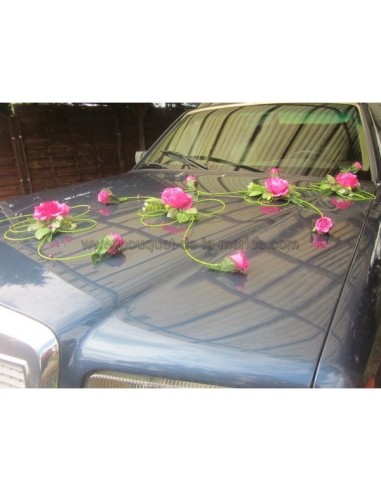 Décoration de voiture de mariage en 4 parties thème vert et fuchsia
