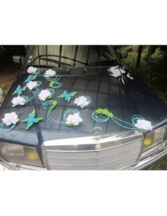 Décoration de voiture pour mariage thème papillon, couleur turquoise