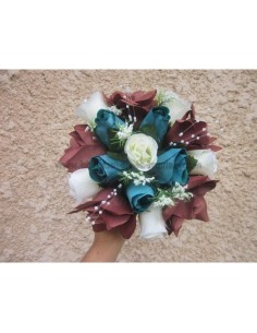 Bouquet de Mariée thème turquoise et chocolat avec roses et perles