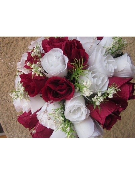 Bouquet Mariée Rond Bordeaux OU Rouge avec roses, perles et strass