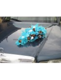 Decoration voiture, table mariage avec plumes turquoise et chocolat