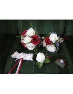 Lot de bouquets de fleurs pour mariage couleur blanc et bordeaux