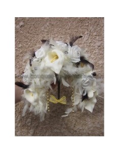 Bouquet de Mariage stylé thème ivoire, chocolat et plumes