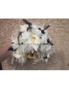 Bouquet de Mariage stylé thème ivoire, chocolat et plumes 2