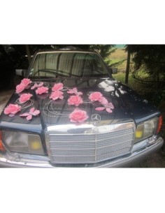 Déco voiture pour mariage thème rose et argent avec des papillons