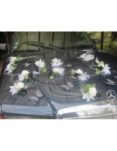 Décoration de voiture de mariage noir, blanc, argent avec papillons