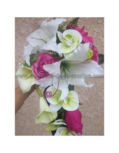Bouquet Mariée Tombant avec des orchidées vertes et fuchsia