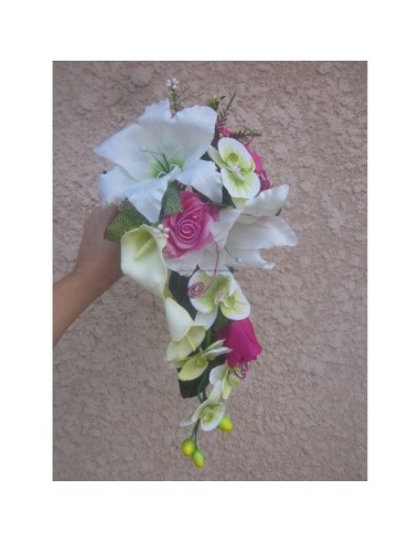 Bouquet Mariée Tombant avec des orchidées vertes et fuchsia