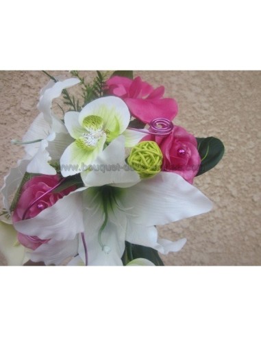 Bouquet Mariée Tombant avec des orchidées vertes et fuchsia