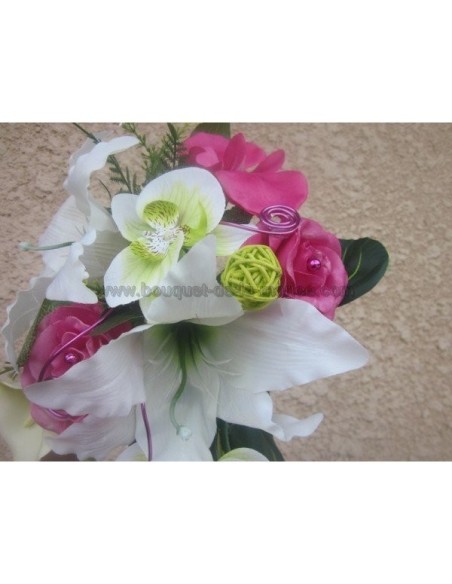 Bouquet Mariée Tombant avec des orchidées vertes et fuchsia