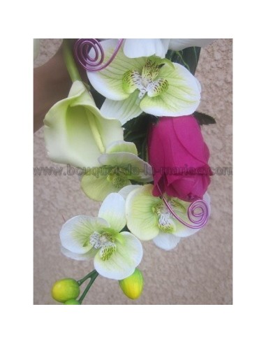 Bouquet Mariée Tombant avec des orchidées vertes et fuchsia