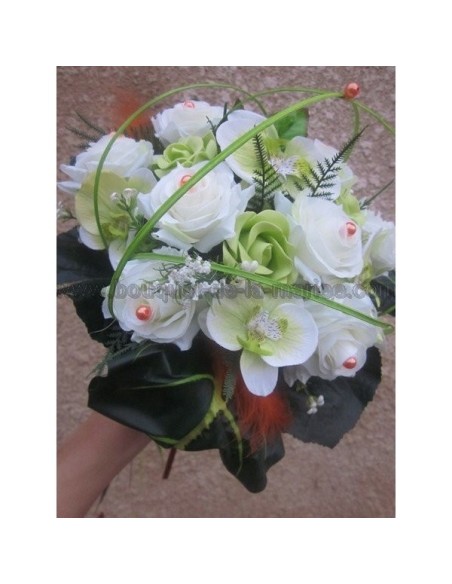 Magnifique Bouquet de la mariée sur tiges thème vert anis et orange