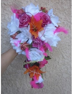 Bouquet Mariage Cascade thème Fuchsia Orange avec roses et lys