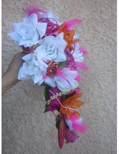 Bouquet Mariage Cascade thème Fuchsia Orange avec roses et lys 2
