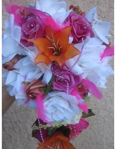 Bouquet Mariage Cascade thème Fuchsia Orange avec roses et lys