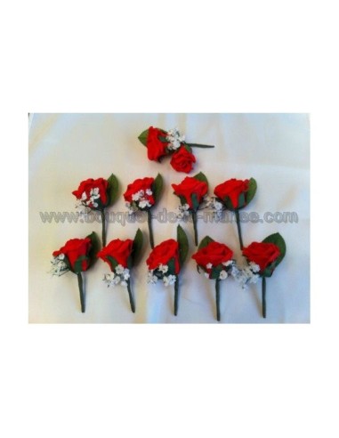 Lot de 10 Boutonnière pour Mariage thème rose,rouge et gypsophile