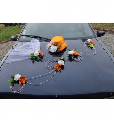 Décoration voiture mariage blanc et orange