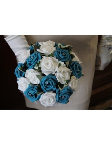 Bouquet rond turquoise bleu,blanc et diamantes