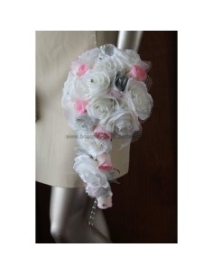 Bouquet de mariée blanc, rose et argent avec des roses et dentelle 2