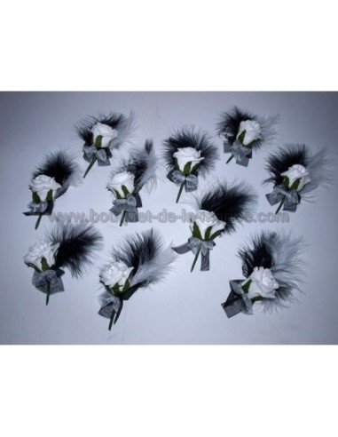 Lot de 10 Boutonnières mariage noires et blanches avec des plumes