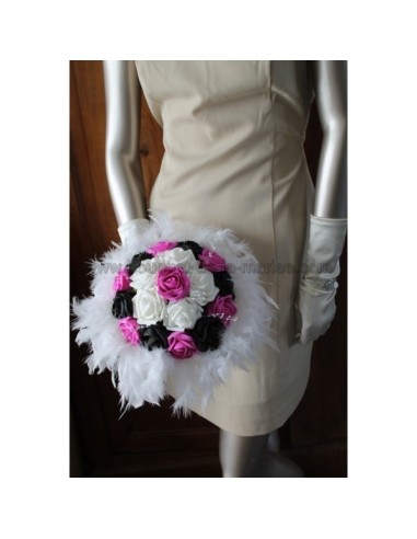 Bouquet pour mariage fuchsia noir plumes et diamants fantaisie
